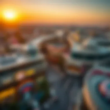 An aerial view of shopping destinations in Dubai during sunset