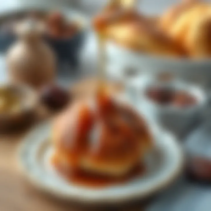 Close-up of delicious khameer bread served with date syrup