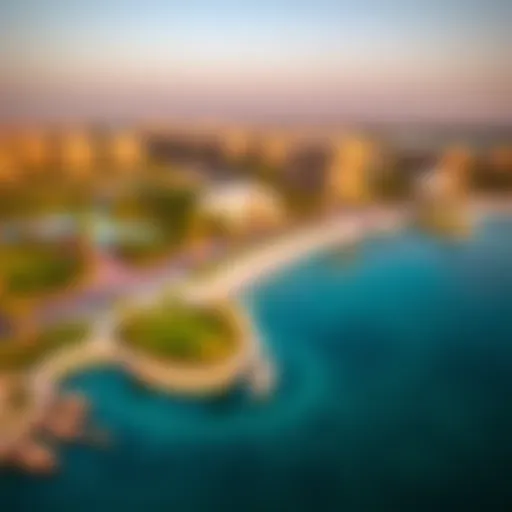 Aerial view of Al Mamzar showcasing its lush parks and beachside.