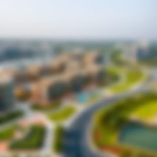 An aerial view of Al Maya showcasing its modern architecture and green spaces
