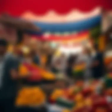 Busy fruit and vegetable market scene highlighting interactions