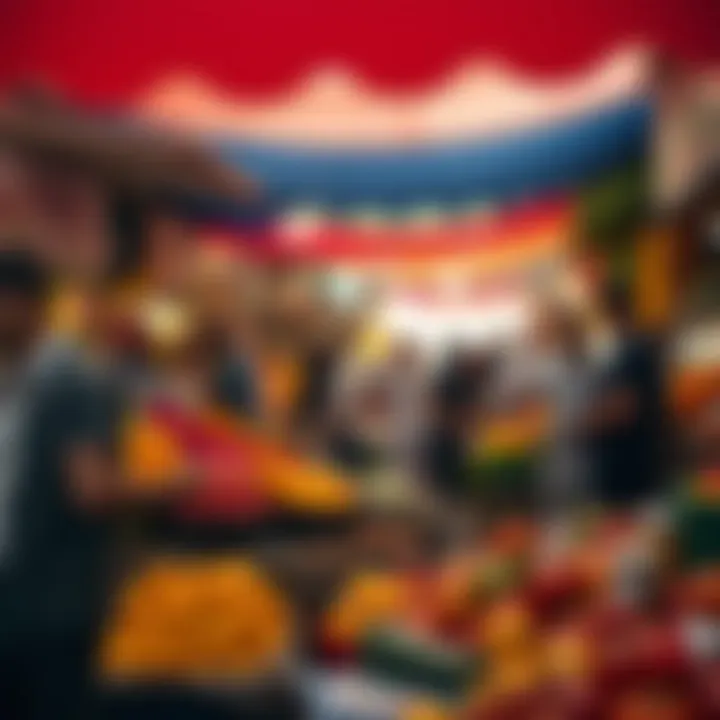 Busy fruit and vegetable market scene highlighting interactions