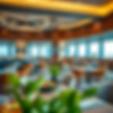 A modern café setting with artistic décor and gourmet dishes