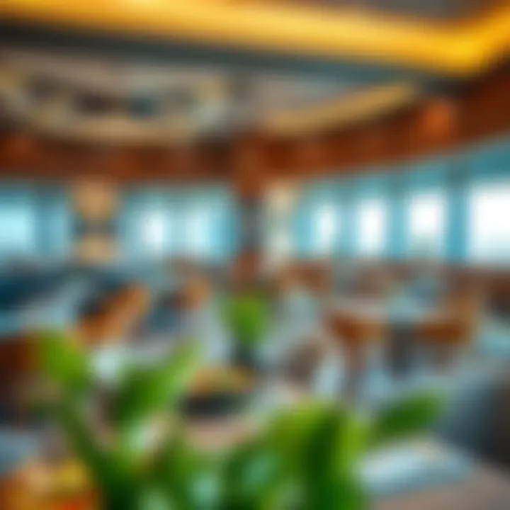 A modern café setting with artistic décor and gourmet dishes