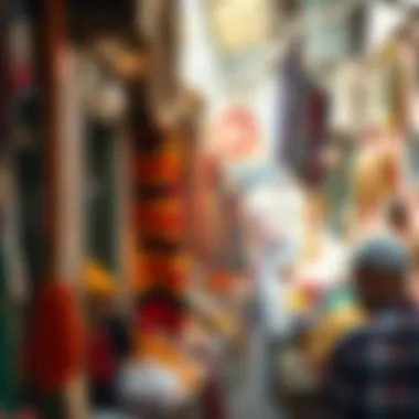 The vibrant atmosphere of a traditional souk with colorful spices and textiles