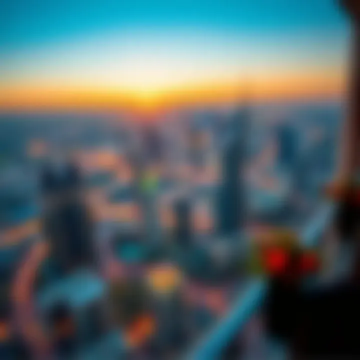 Sunset View from Burj Khalifa Balcony Panoramic view of Dubai from a Burj Khalifa apartment balcony during sunset