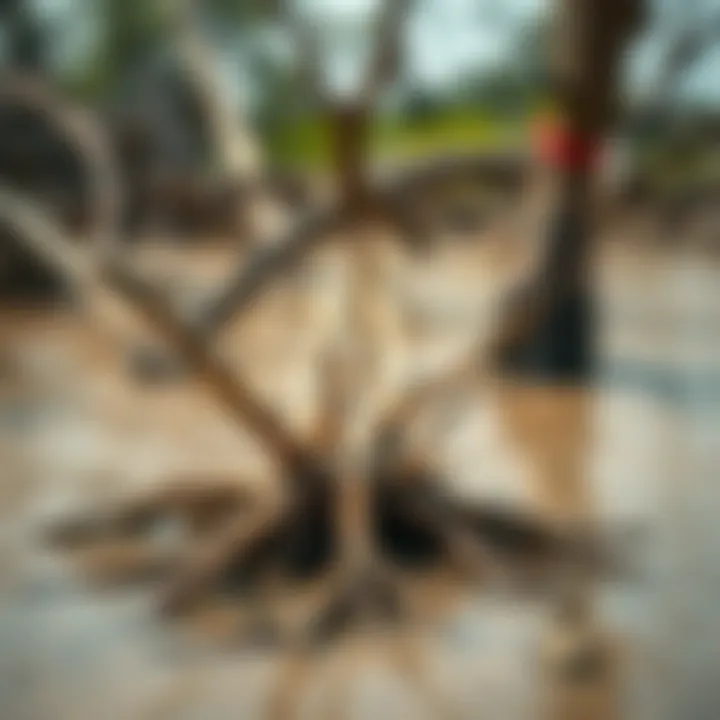 Intricate Mangrove Roots A close-up of the unique mangrove roots emerging from the sandy shore