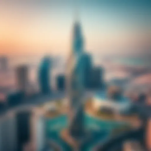 Aerial view of Maze Tower showcasing its unique architectural design against the Dubai skyline