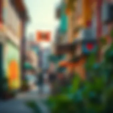 Colorful Urban Street A pedestrian-friendly street lined with colorful murals and plants