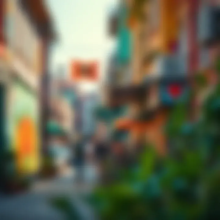 Colorful Urban Street A pedestrian-friendly street lined with colorful murals and plants