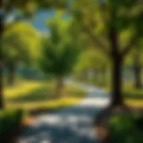 A serene city park showcasing vibrant green trees and walking paths