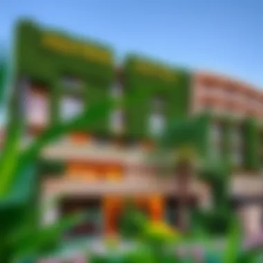 Luxury hotel facade in City Walk with lush greenery and contemporary design