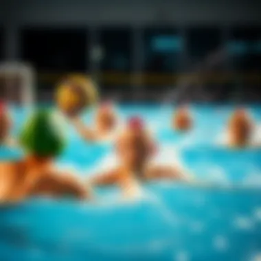 A vibrant scene of a water polo match in full swing, showcasing the dynamic movements and teamwork involved in the sport.