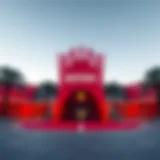 Entrance of Ferrari World with iconic red architecture