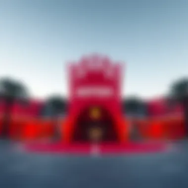 Entrance of Ferrari World with iconic red architecture