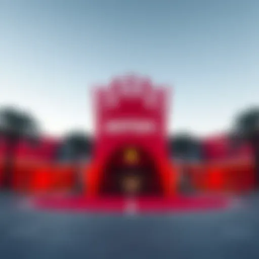 Entrance of Ferrari World with iconic red architecture