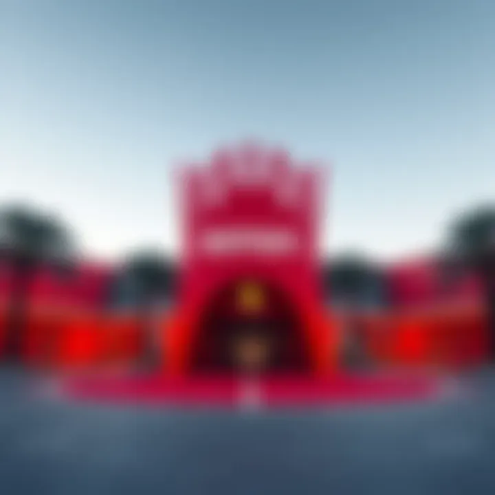 Entrance of Ferrari World with iconic red architecture