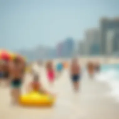 Recreational Activities at JBR Beach Vibrant scene of beachgoers enjoying various recreational activities at JBR