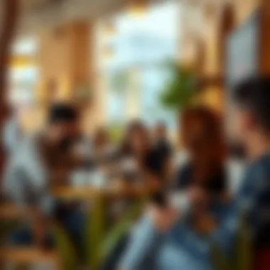 Social Experience at Marsa Al Bateen's Cafés Group of friends enjoying coffee in a lively setting
