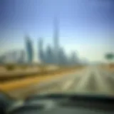 Dubai skyline with a car driving on a highway