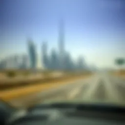 Dubai skyline with a car driving on a highway