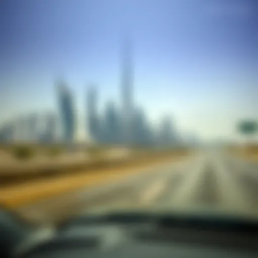 Dubai skyline with a car driving on a highway