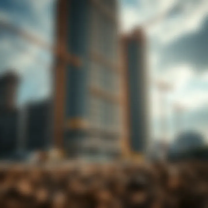 Construction site of Noya Viva with cranes and workers
