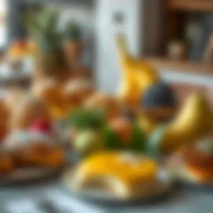 Artisanal Pastries and Fresh Fruit Display A close-up of artisanal pastries and fresh fruit arranged artistically on a table.