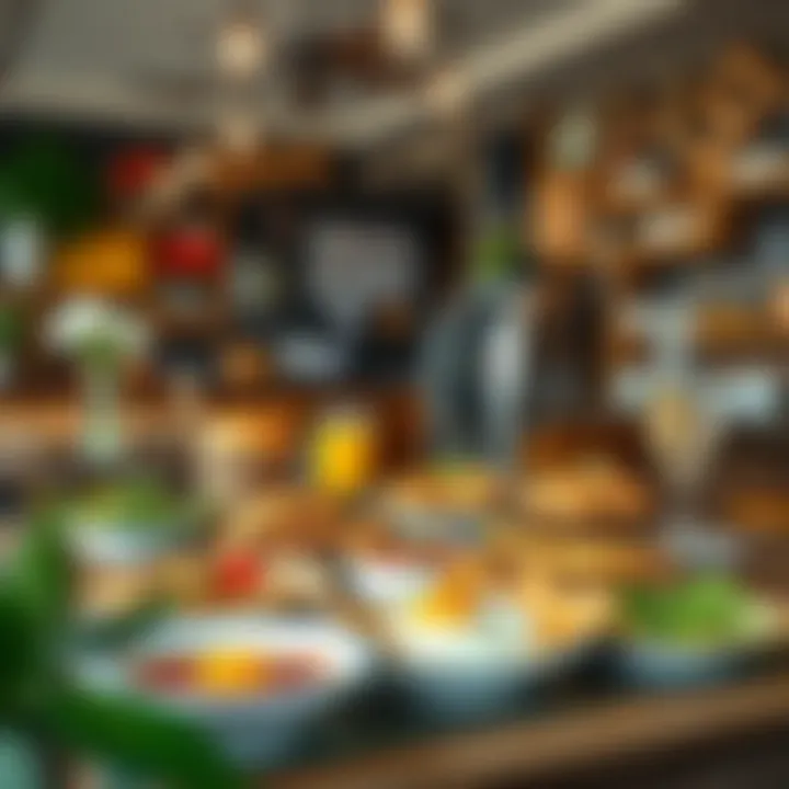 Diverse International Breakfast Varieties A cozy café setting with a colorful array of international breakfast options elegantly displayed.