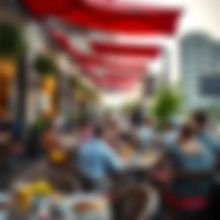Vibrant Outdoor Breakfast Scene A bustling outdoor terrace filled with patrons enjoying a vibrant morning atmosphere in Dubai.