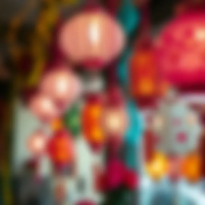 Vibrant paper decorations hanging in a festive setting