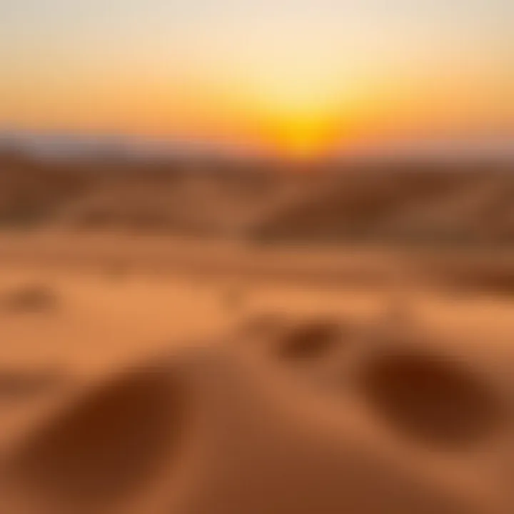 A scenic view of a desert landscape in Oman during sunset