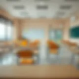 A classroom setting in the UAE with empty desks and chairs