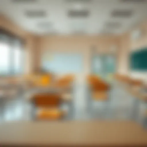 A classroom setting in the UAE with empty desks and chairs