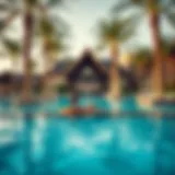 Luxurious resort pool with palm trees