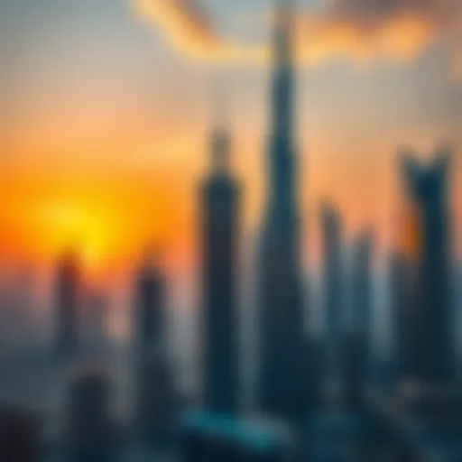 Stunning skyline showcasing Dubai's financial towers at sunset