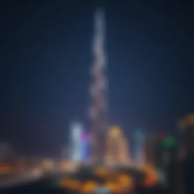 Night view of the tallest tower illuminated against the Dubai skyline
