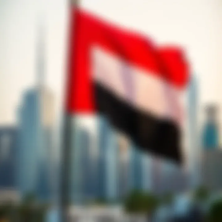UAE Flag Symbolizing Pride Against Iconic Landmarks UAE flag soaring high amidst a backdrop of iconic landmarks