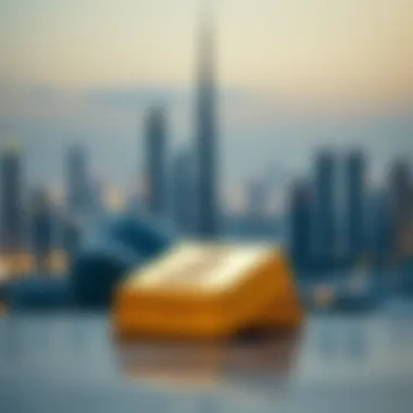 Gold Bullion and Dubai Skyline Close-up of a gold bullion with Dubai skyline in background